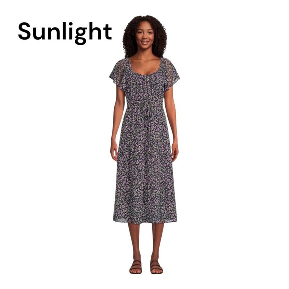 Time And Tru Women XL Floral Midi Dress Flutter Sleeves Navy Purple Lightweight - Picture 1 of 13